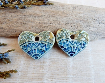 Small heart ceramic charms for making earrings, Artisan bracelet charms, Boho jewelry components, Handcrafted dangle findings, Art beads