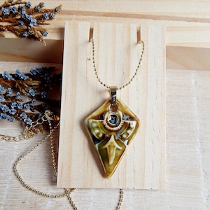 Handmade boho pendant necklace of ceramic, Artisan geometric pendant of porcelain with gold plated ball chain, Unique jewelry for gift