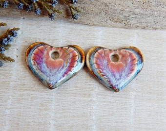 Heart small charms of ceramic for jewelry making, Artisan bracelet charms, 2pcs Handcrafted boho earring findings, Unique porcelain beads