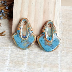 Rustic blue ceramic charms for making earrings, 2pcs Artisan boho pendants, Jewelry making unique components, Dangle porcelain charms