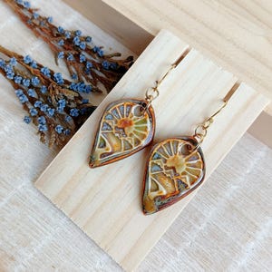 Landscape artisan drop earrings, Earthy ceramic boho dangle earrings, Handmade sun and mountains unique jewelry of porcelain