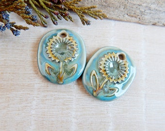 Folk boho floral earring charms, Handmade ceramic flower components, 2 pcs Handcrafted unique artisan pendants, Porcelain ceramic beads