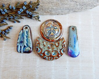 Set Bulk Ceramic Pendants, 4 artisan pendants porcelain, boho necklace supplies, lot handcrafted pendants