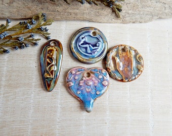 SECONDS SALE, set Bulk Ceramic Pendants, 4 artisan pendants porcelain, bohemian necklace supplies, lot handcrafted pendants