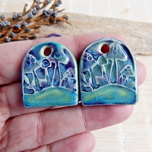 Handmade mushrooms jewelry charms, 2pcs Nature ceramic charms for jewelry making, Artisan green earring findings, Unique ceramic beads
