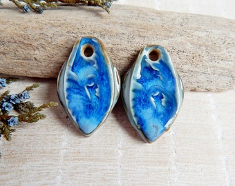 Handmade boho blue charms, Artisan ceramic charms for jewelry making, Handcrafted rustic drop earring findings, Unique porcelain charms