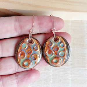 Dangle artisan earrings with circles pattern, Oval polka dot earrings of ceramic, Unusual handmade porcelain jewelry for gift
