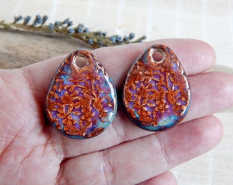 Bright drop ceramic charms, 2pcs Floral earring pendants, Boho artisan components, Porcelain beads, Handcrafted jewelry findings