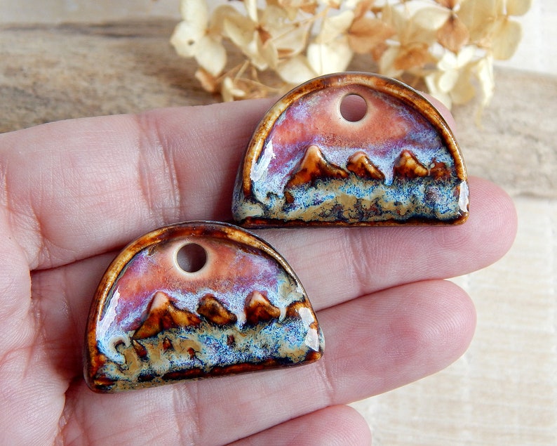 Landscape earring charms of ceramic, Artisan mountains components for making jewelry, Handcrafted nature findings, Dangle beads image 8