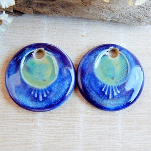 Round handcrafted earring charms, Pair dangle ceramic beads, Boho ceramic pendant for making jewelry, 2 pcs handmade blue focal image 4