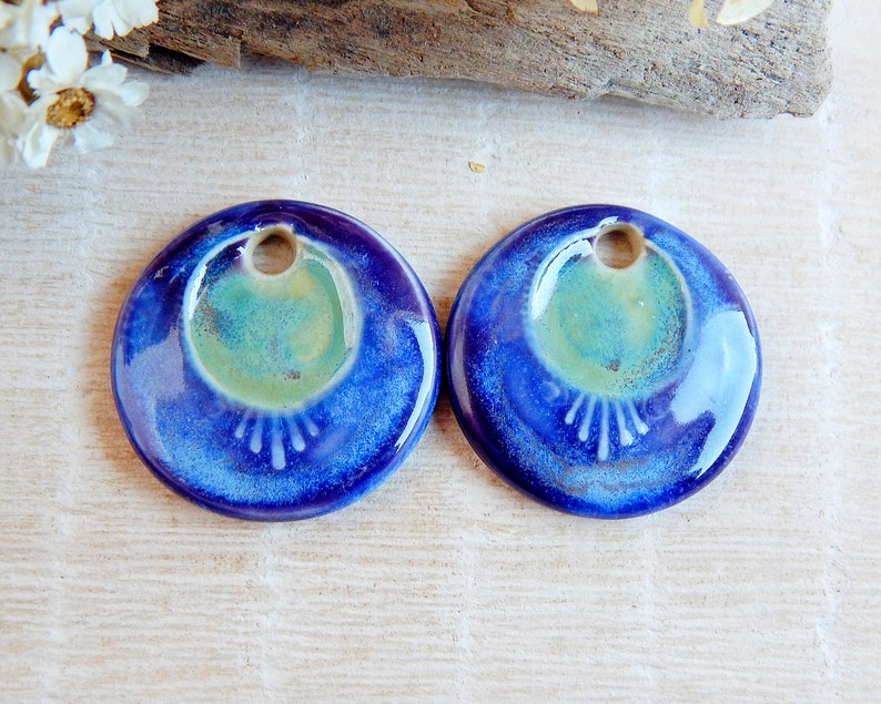 Round handcrafted earring charms, Pair dangle ceramic beads, Boho ceramic pendant for making jewelry, 2 pcs handmade blue focal image 4