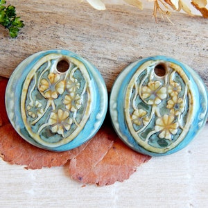 Artisan jewelry charms of ceramic, boho round charms, flowers earrings components, pair handcrafted pendants