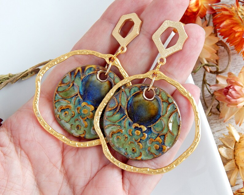 Artisan Flowers Charms Round Earring Components Ceramic Etsy