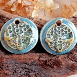 Honeycomb round earring charms, 2 honey bee artisan ceramic jewelry components, Handcrafted boho findings, Handmade unique pendants image 3