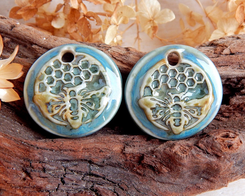 Honeycomb round earring charms, 2 honey bee artisan ceramic jewelry components, Handcrafted boho findings, Handmade unique pendants image 3