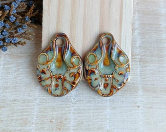 Artisan boho drop earring charms, Pair handmade ceramic charms, Rustic organic findings to make jewelry, Handcrafted textured ceramic beads