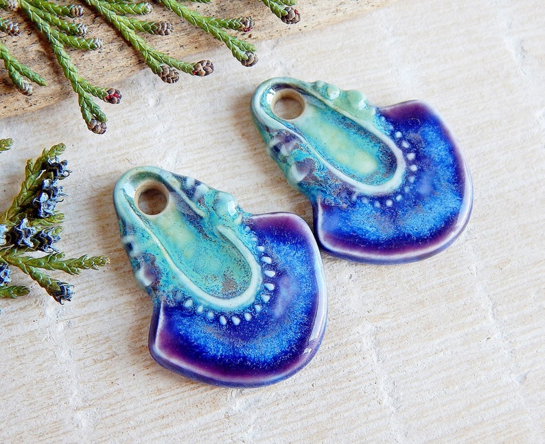 Ceramic boho earring charms, Artisan tribal findings, Rustic handcrafted jewelry making supplies, Porcelain art beads image 1