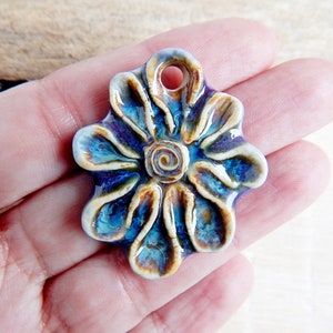 Boho flower ceramic charm, 1pc Handmade floral pendant for making necklace, Artisan purple jewelry findings, Rustic pendant of porcelain