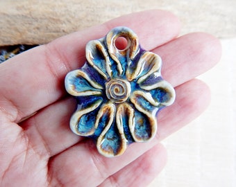 Boho flower ceramic charm, 1pc Handmade floral pendant for making necklace, Artisan purple jewelry findings, Rustic pendant of porcelain