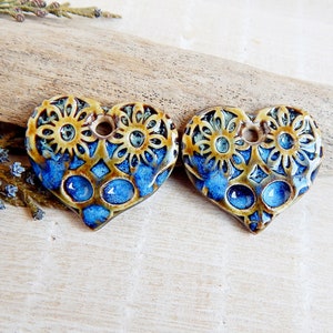Flower heart ceramic charms, 2pcs Rustic boho pendants, Dangle earring findings, Artisan floral supplies for jewelry making, Porcelain beads