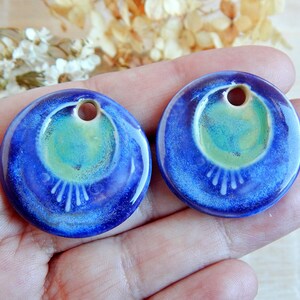 Round handcrafted earring charms, Pair dangle ceramic beads, Boho ceramic pendant for making jewelry, 2 pcs handmade blue focal image 2