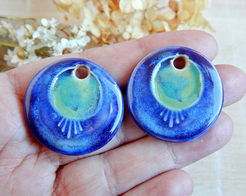 Round handcrafted earring charms, Pair dangle ceramic beads, Boho ceramic pendant for making jewelry, 2 pcs handmade blue focal image 2