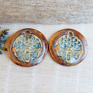 Pair bee round charms for earring making, Honeycomb artisan ceramic jewelry components, Boho rustic findings, Handmade honey bee pendants image 5