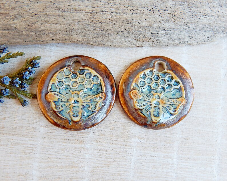 Pair bee round charms for earring making, Honeycomb artisan ceramic jewelry components, Boho rustic findings, Handmade honey bee pendants image 5