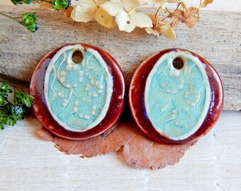 Handmade round ceramic charms, Artisan floral earring findings, Pair boho pendants porcelain, Handcrafted unique components making jewelry