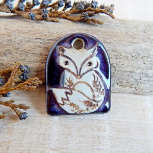 Purple fox ceramic charm, 1pc Artisan animal pendant for making necklace, Nature boho jewelry findings, Rustic woodland earring charm