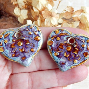 Purple heart ceramic charms, 2pcs rustic flower pendants, dangle earring findings, large boho jewelry making supplies, porcelain charms image 4