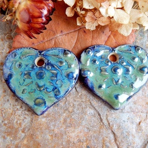 Handmade ceramic heart charms, Pair flower pendants, Dangle purple necklace findings, Boho jewelry making supplies, Big ceramic beads image 4
