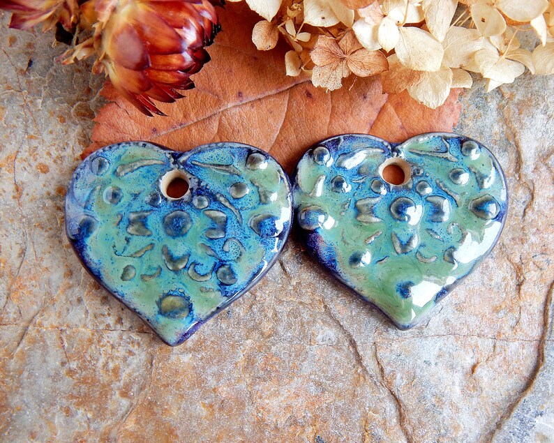 Handmade ceramic heart charms, Pair flower pendants, Dangle purple necklace findings, Boho jewelry making supplies, Big ceramic beads image 4