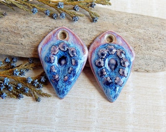 Handmade rustic charms of ceramic, 2pcs Artisan bright colors boho pendants, Handcrafted texture findings for making earrings, Art beads