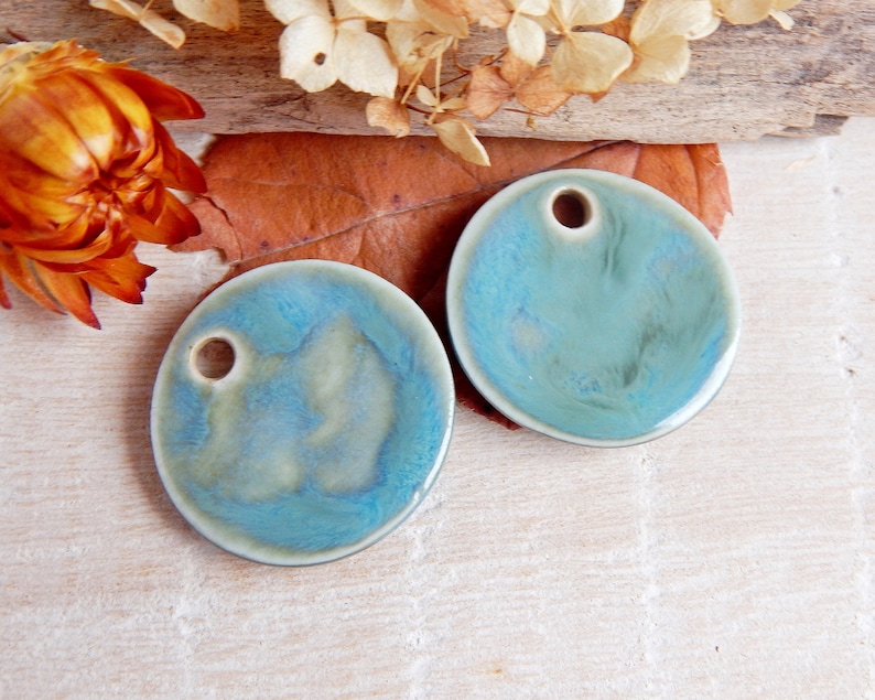 Honeycomb round earring charms, 2 honey bee artisan ceramic jewelry components, Handcrafted boho findings, Handmade unique pendants image 7