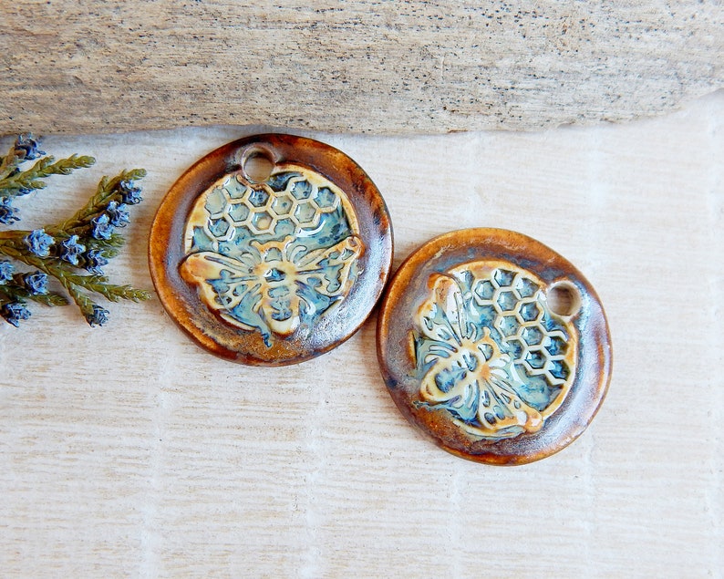 Pair bee round charms for earring making, Honeycomb artisan ceramic jewelry components, Boho rustic findings, Handmade honey bee pendants image 4