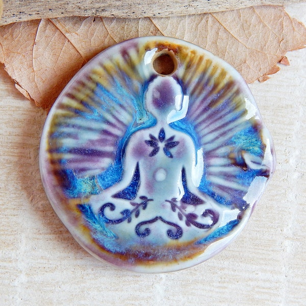 Handmade yoga pendant charm ceramic, Buddhist pendant for making jewelry, Artisan mala charm pendant, Large boho findings for necklace
