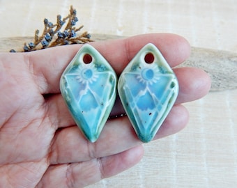 Handcrafted ceramic mountain landscape charms, 2pcs Artisan nature boho pendants, Handmade sun components for making earrings, Art beads