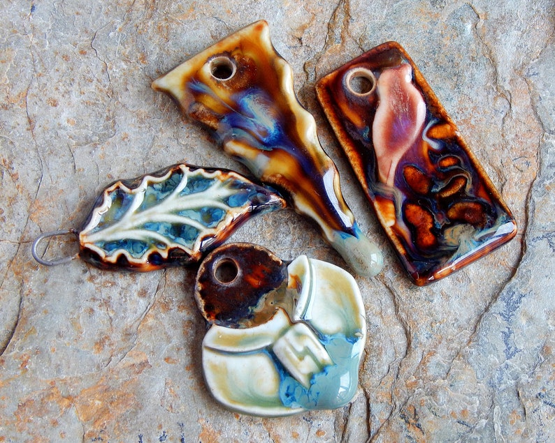 4 artisan pendants of ceramic boho necklace supplies Set of Assorted Porcelain Charms lot handcrafted pendants