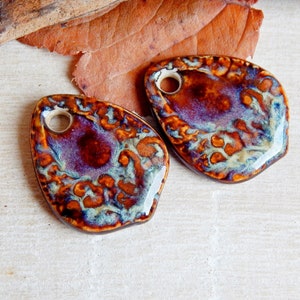 Drop ceramic earring charms, 2 pcs Boho dangle finding for Jewelry maker, Artisan rustic textured connector 1 hole, Unique handmade supplies image 3