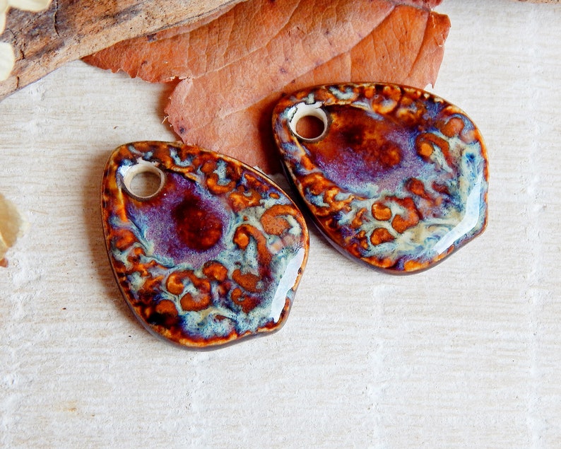 Drop ceramic earring charms, 2 pcs Boho dangle finding for Jewelry maker, Artisan rustic textured connector 1 hole, Unique handmade supplies image 3