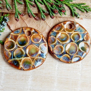 Artisan circles charms for earring making, Textured round ceramic jewelry components, Organic rustic findings, Pair handmade earthy pendants image 4