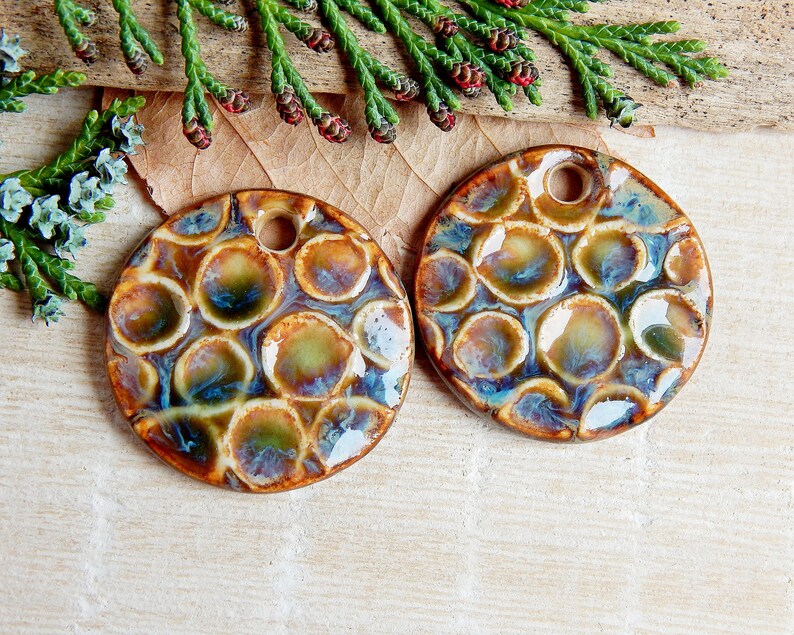 Artisan circles charms for earring making, Textured round ceramic jewelry components, Organic rustic findings, Pair handmade earthy pendants image 4