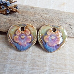 Heart shape artisan charms, Floral pattern ceramic earring pendants, Unique dangle beads, 2 pcs Bohemian findings, Handmade porcelain beads