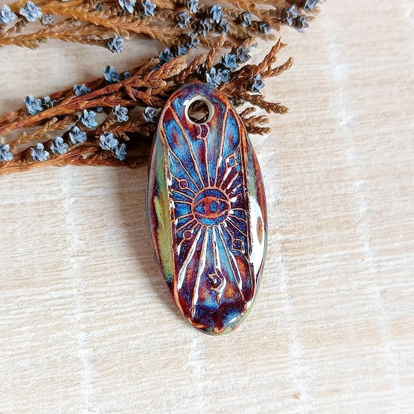 Handmade eye ceramic pendant for making necklace, Oval porcelain boho components, Handcrafted drop mistical big charm