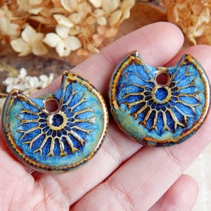 2 pcs Blue boho charms for jewelry making, rustic ceramic earring findings, artisan organic components, geometric porcelain pendants