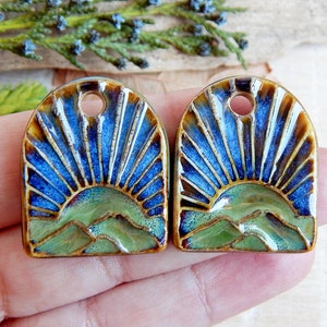 Handmade sun earring charms, 2pcs Boho ceramic charms for jewelry making, Artisan landscape earring findings, Unique ceramic beads