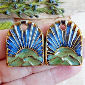 Handmade sun earring charms, 2pcs Boho ceramic charms for jewelry making, Artisan landscape earring findings, Unique ceramic beads