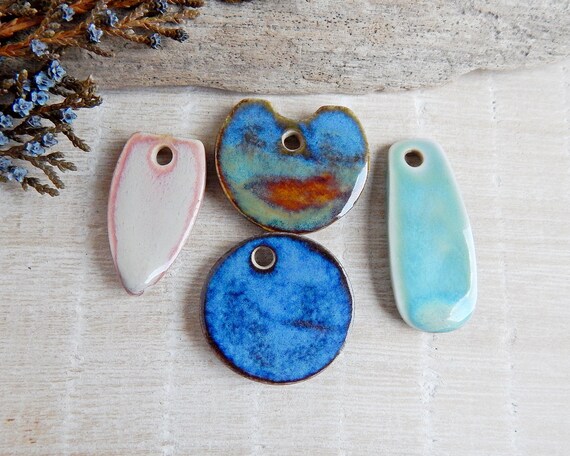 Set Bulk Ceramic Pendants 4 Artisan Pendants Porcelain Boho Necklace Supplies Lot Handcrafted Pendants