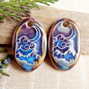 Landscape ceramic charms, 2 pcs Handmade rustic ceramic pendants, Artisan boho findings to make earrings, Artisan unique jewelry components
